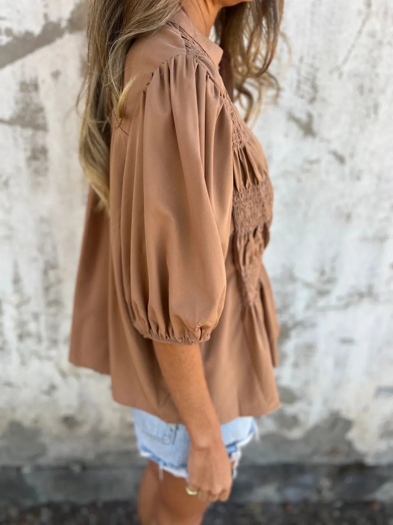 Full Size Smocked Puff Sleeve Blouse Plus Size