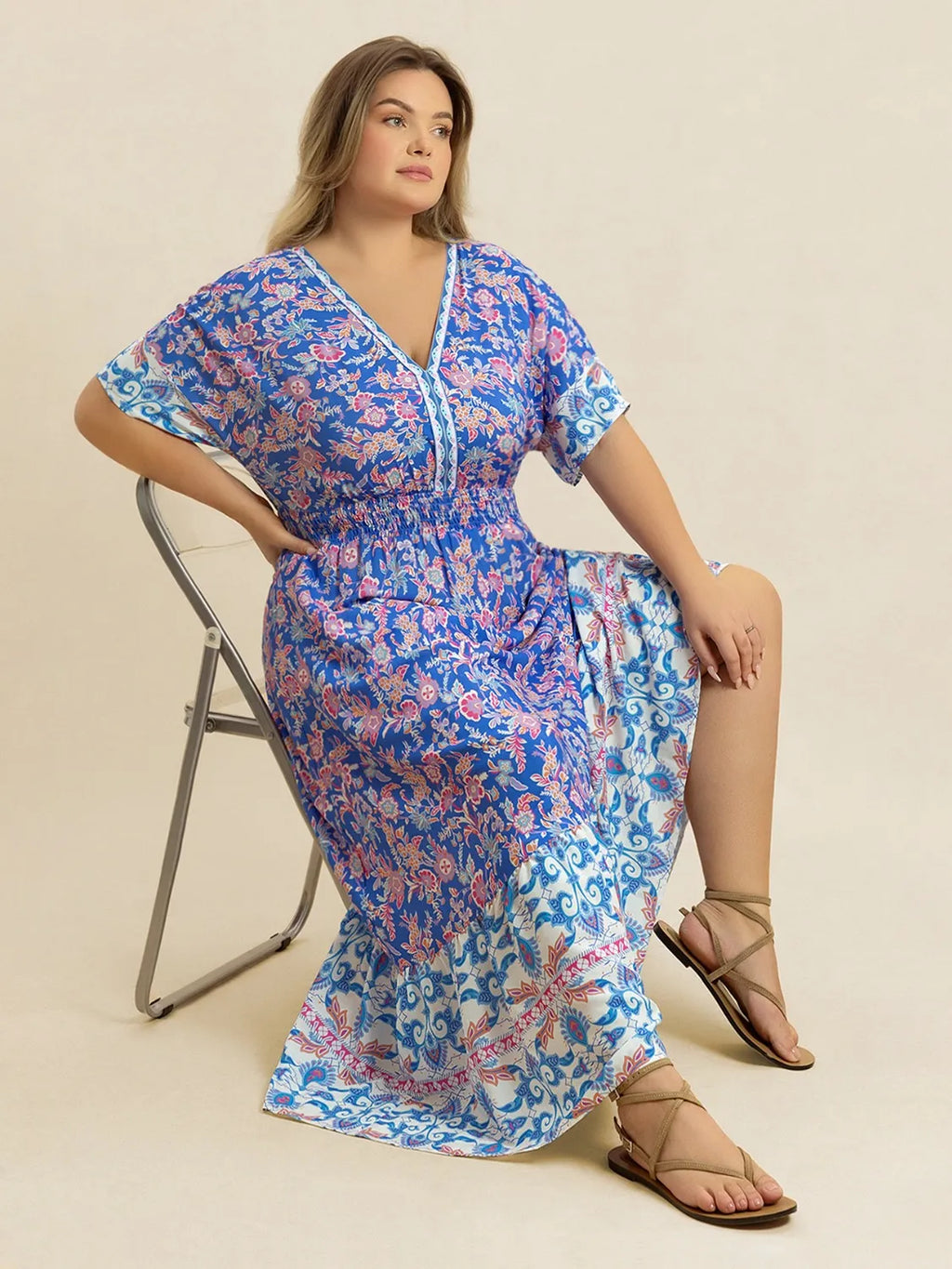 Plus Size Smocked Printed Half Sleeve Midi Dress