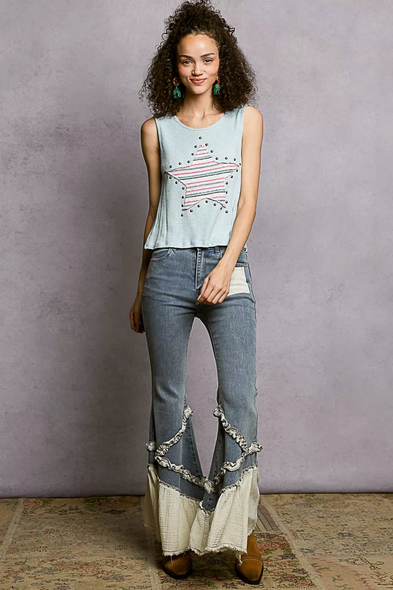POL Round Neck Stud Point Ribbed Tank with Stripped Star Patch