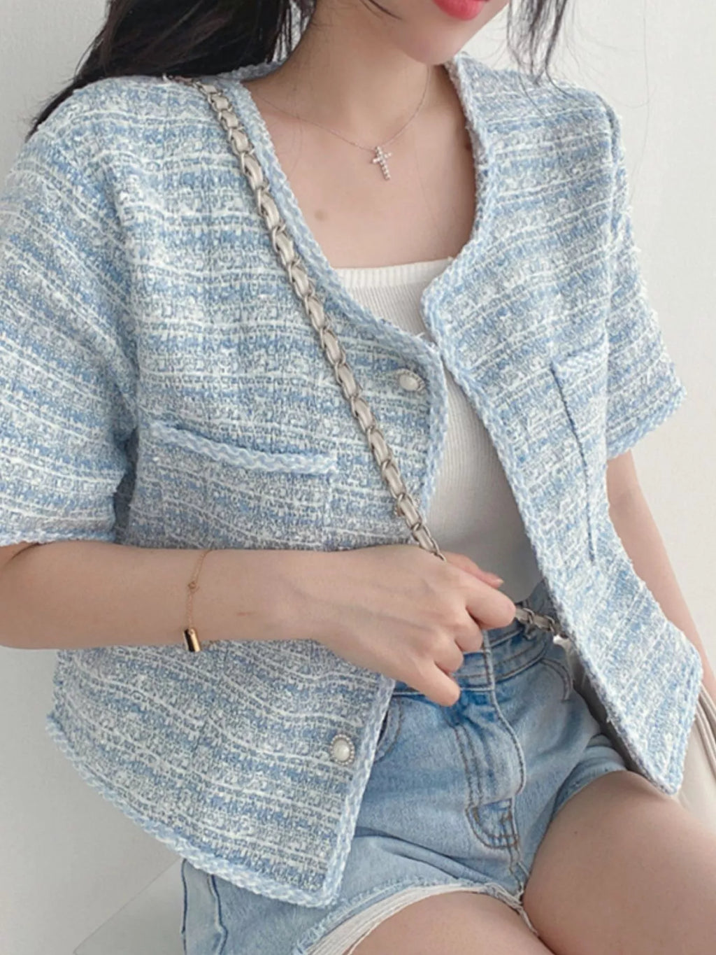 Pearl Button Short Sleeve Tweed Outerwear