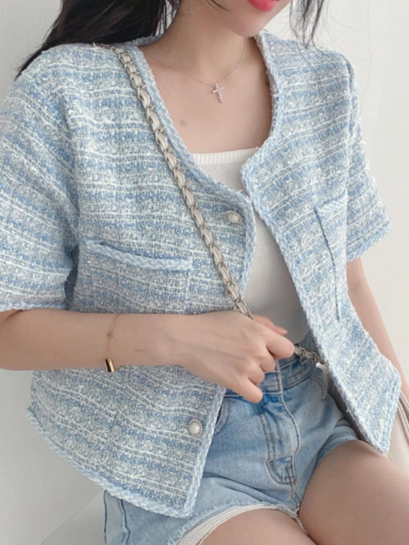 Pearl Button Short Sleeve Tweed Outerwear
