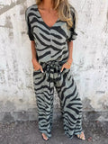 Zebra Print V-Neck Top and Pants Set