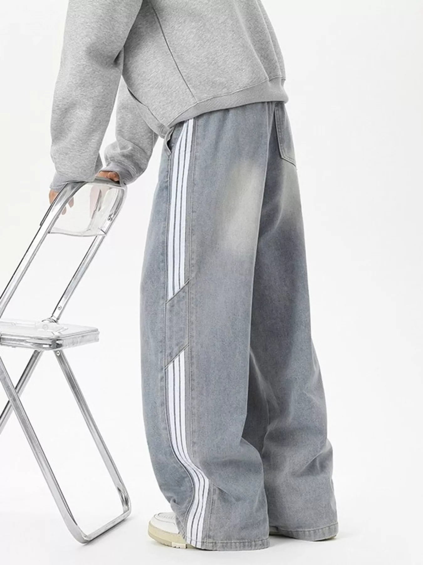 Men's Full Size Wash Wide-Leg Jeans with Stripe Plus Size