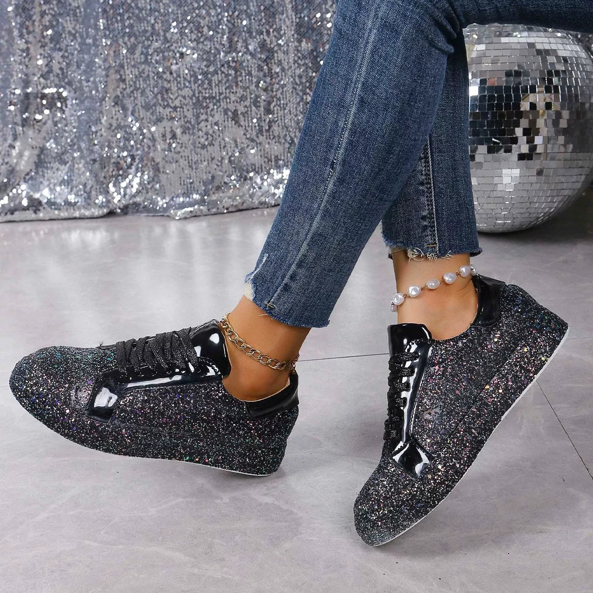 Sequin Lace Up Sneakers