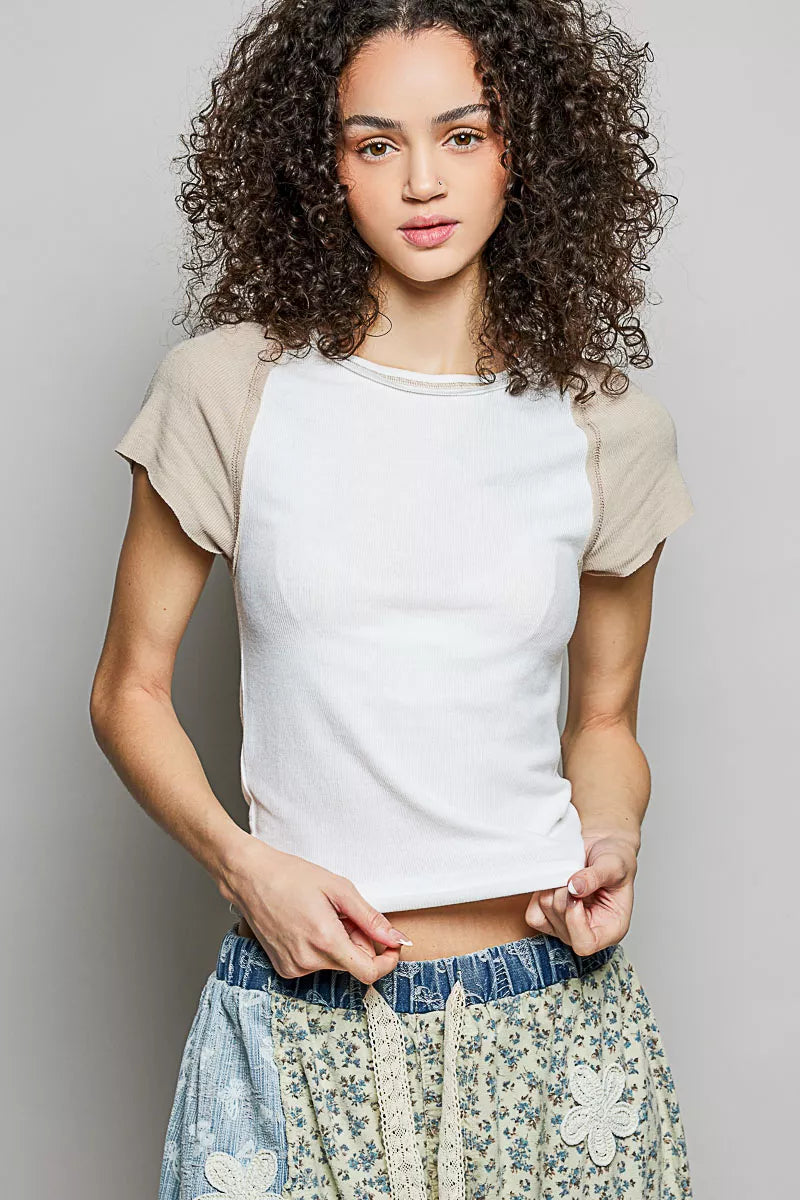 POL Round Neck Outseam Detail T-Shirt with Contrast Color Sleeves