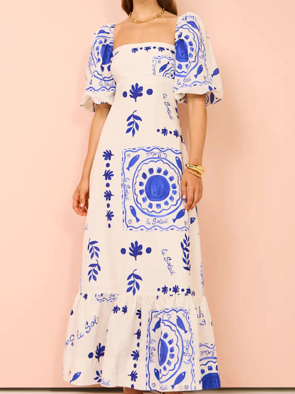 Floral Square Neck Puff Sleeve Maxi Dress with Ruffle Hem