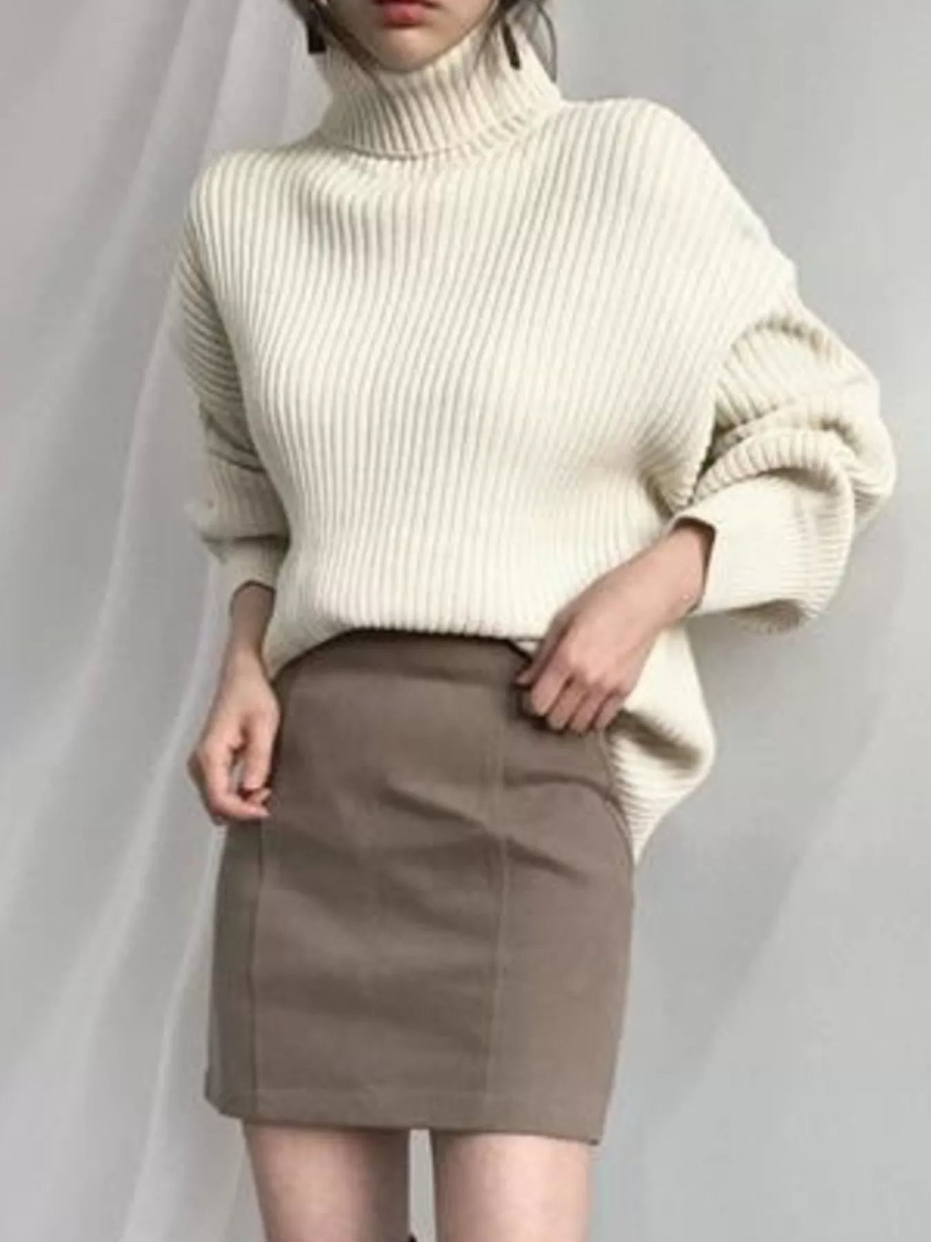 Oversized Turtleneck Ribbed Knit Sweater