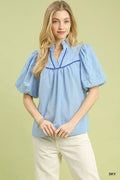 Umgee Puff Sleeve Eyelet Mix Top with Contrast Piping