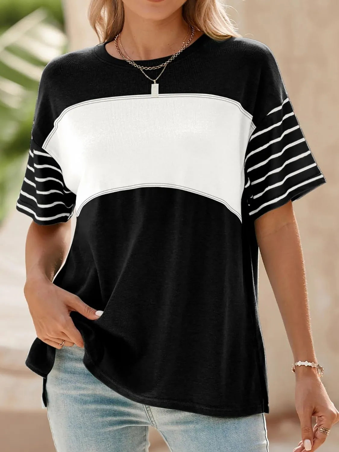 Color Block Striped Sleeve Casual T-Shirt