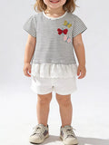 Children's Striped Butterfly Embroidered Ruffle Hem T-Shirt