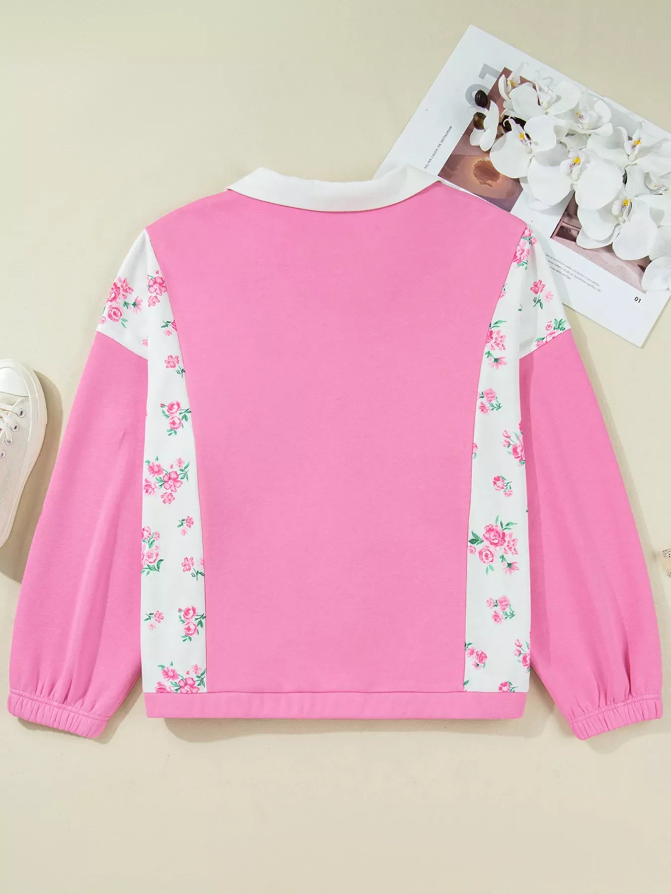 Plus Size Contrast Polo Collar Floral Patchwork Elastic Cuffs Long Sleeve Top