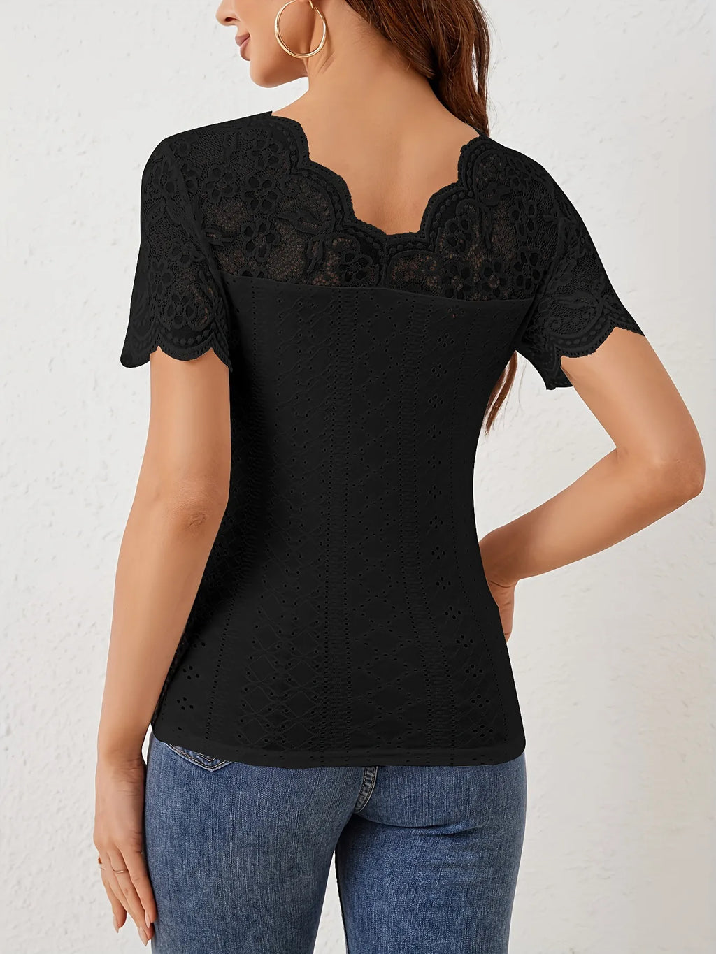 Lace Scalloped V-Neck Eyelet T-Shirt