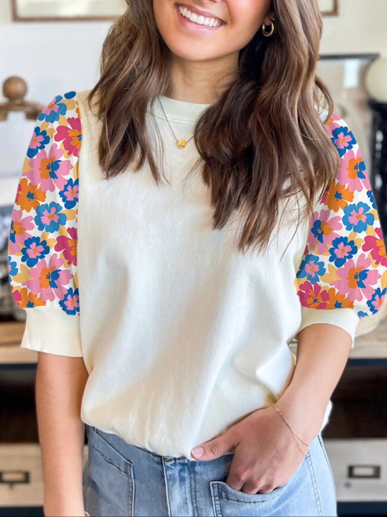 Floral Puff Sleeve Round Neck T-Shirt