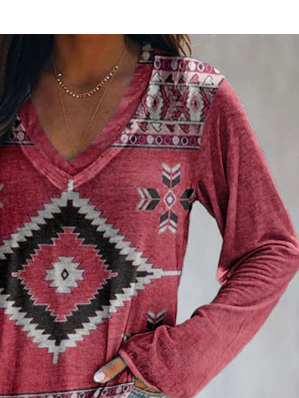 Full Size Geometric V-Neck Long Sleeve T-Shirt Plus Size