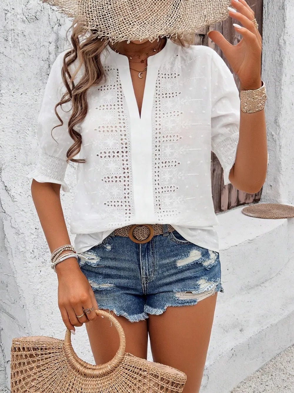 Eyelet Notched Flounce Sleeve Blouse