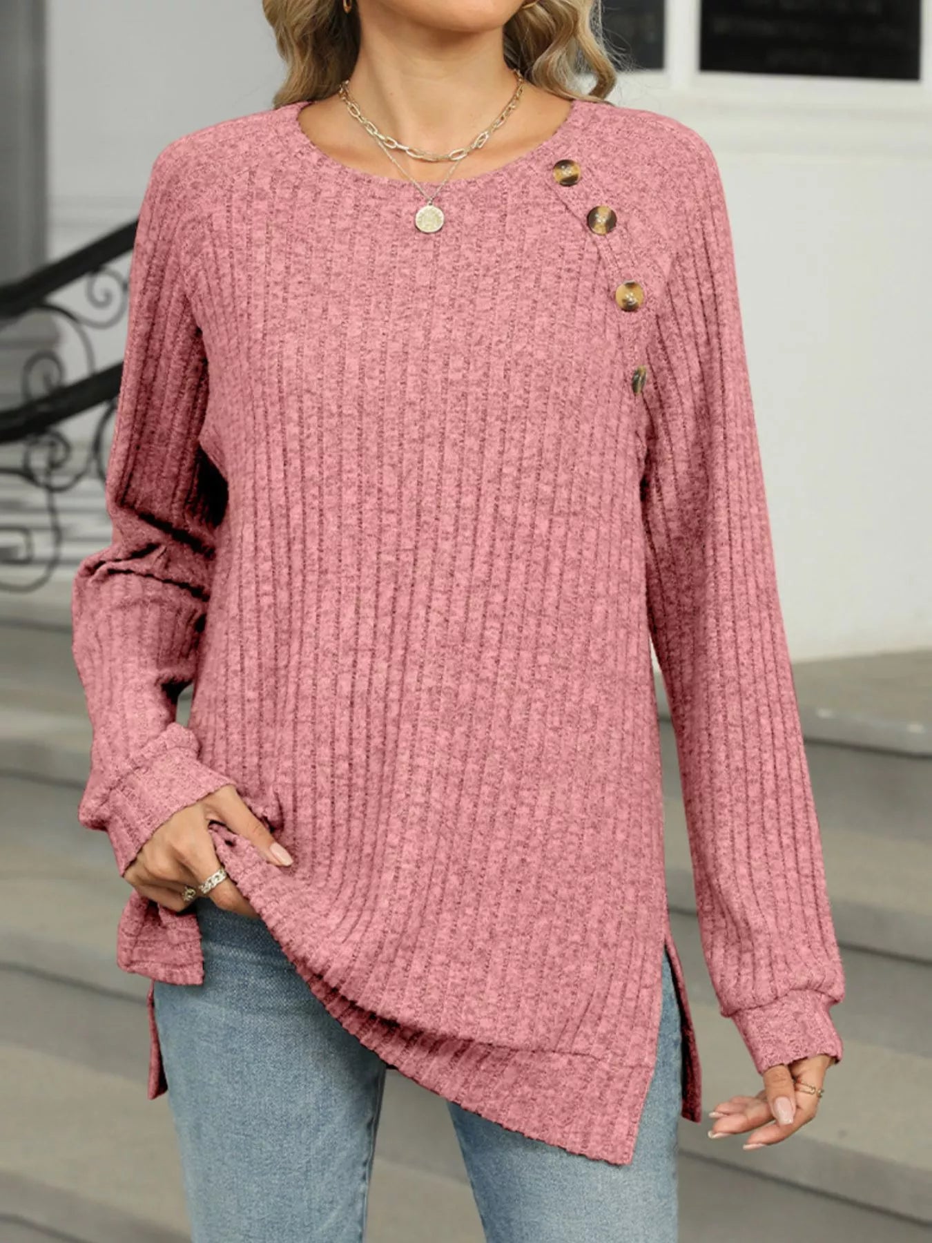 Round Neck Side Slit Ribbed Knit Top with Asymmetric Button Detail