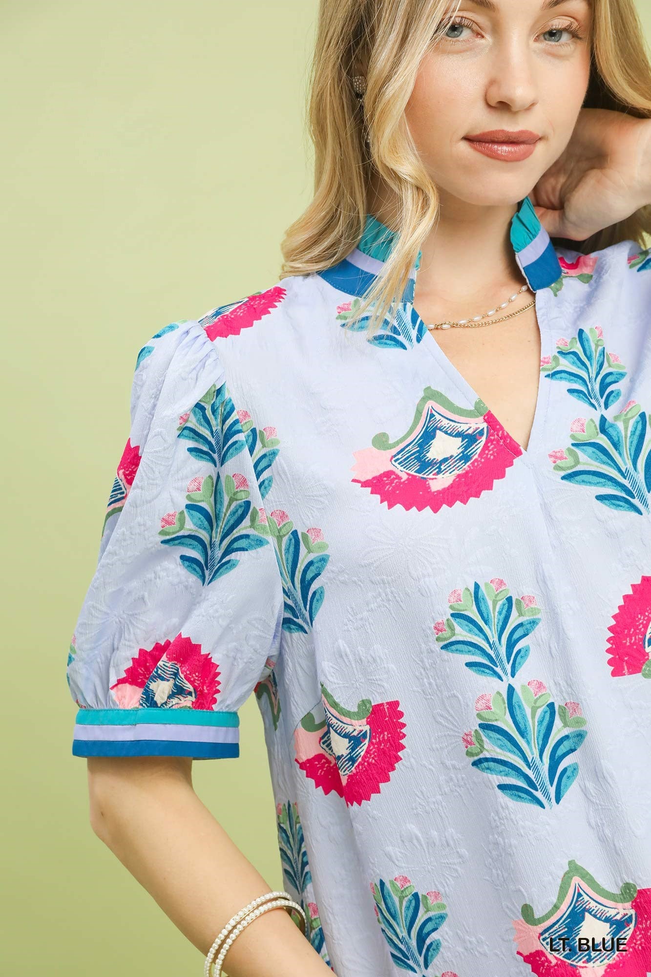 Umgee Print Puff Sleeve Blouse with Contrast Trim