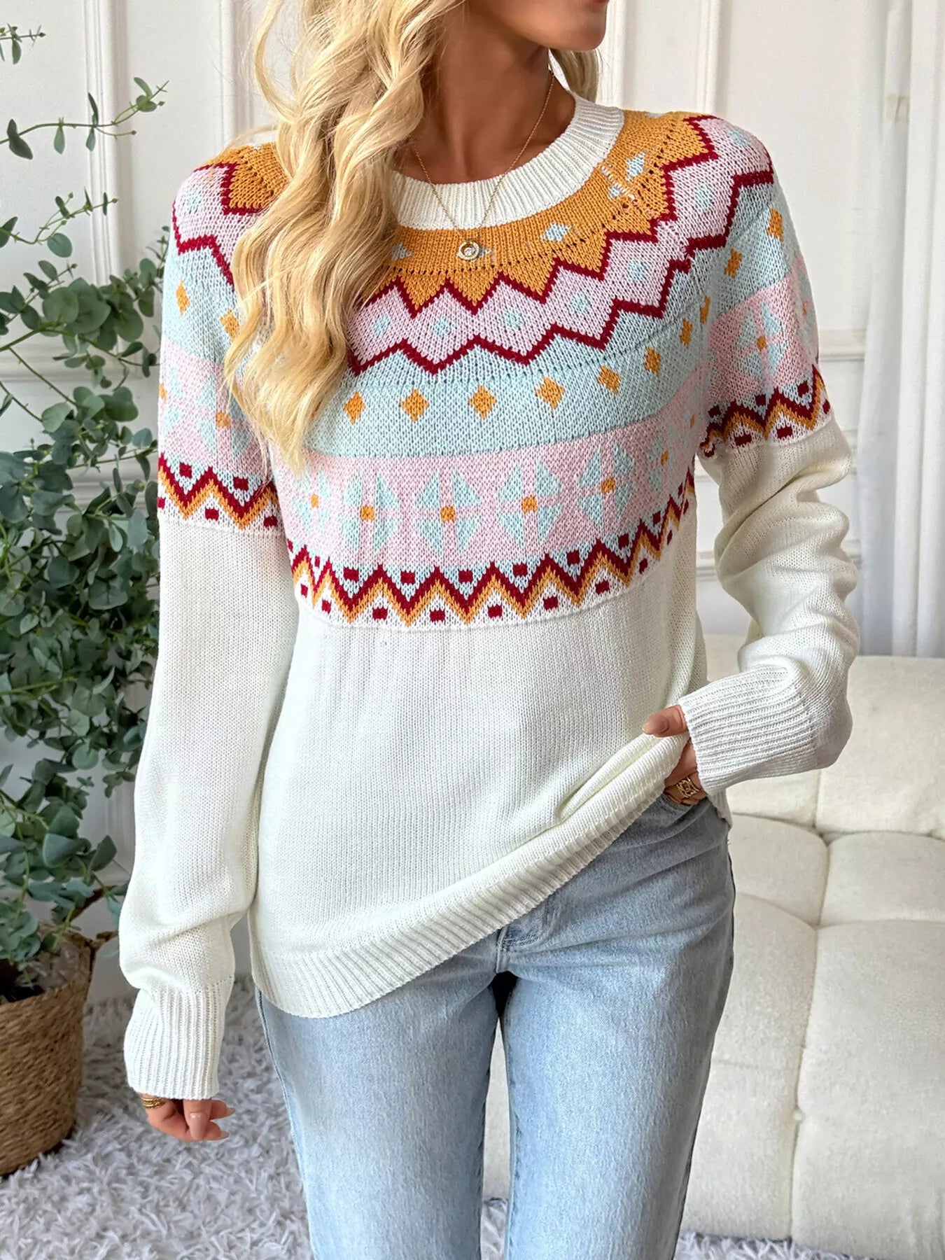 Geometric Round Neck Long Sleeve Sweater