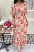 Floral Print Ruffle Hem Flutter Sleeve Dress
