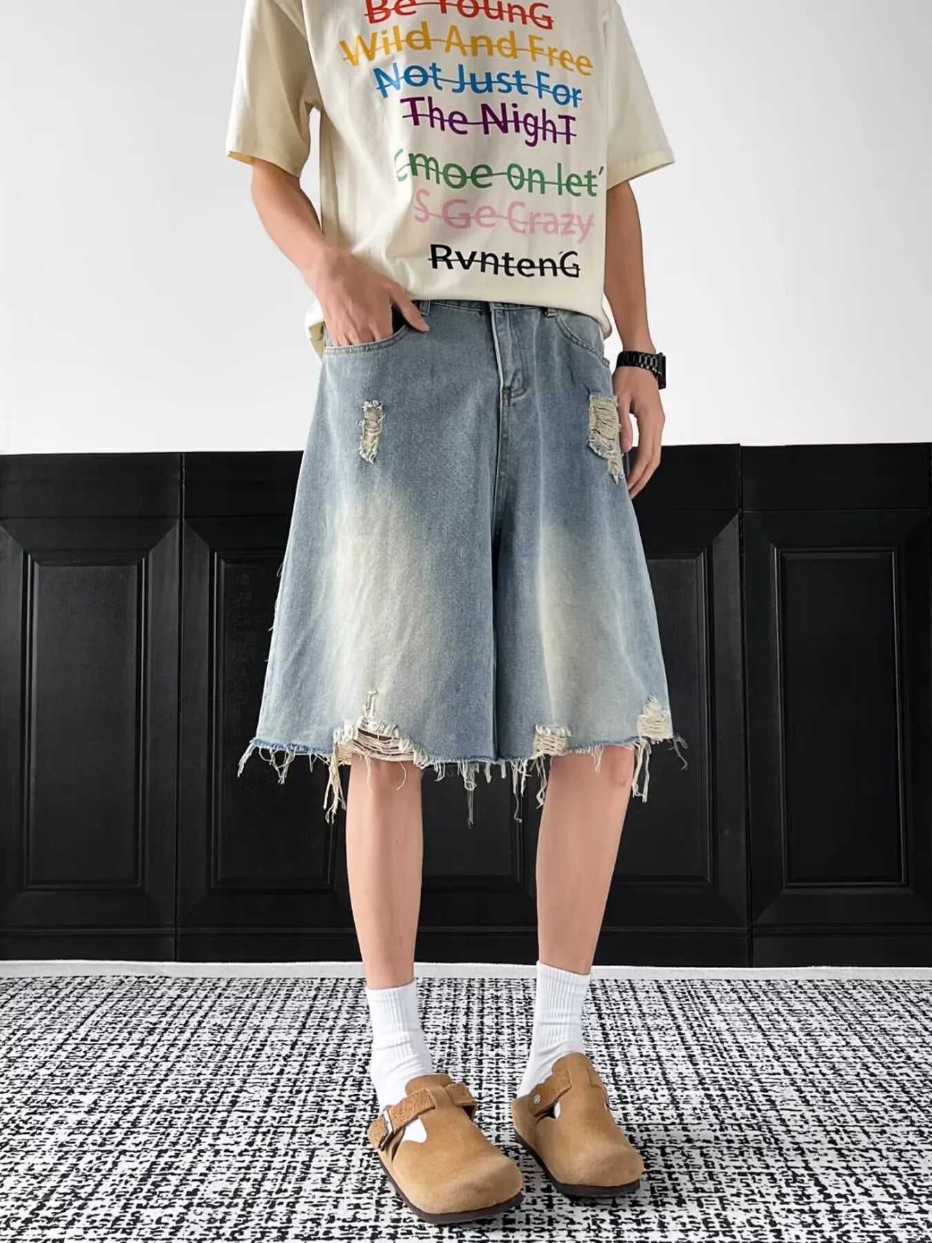 Men's Full Size Distressed Wide Leg Denim Shorts Plus Size