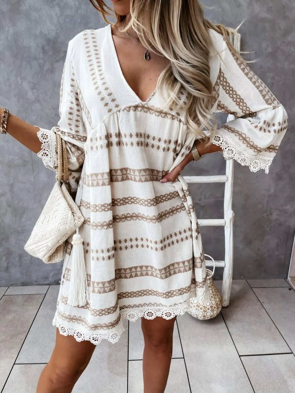 V-Neck Lace Trim Striped Babydoll Dress