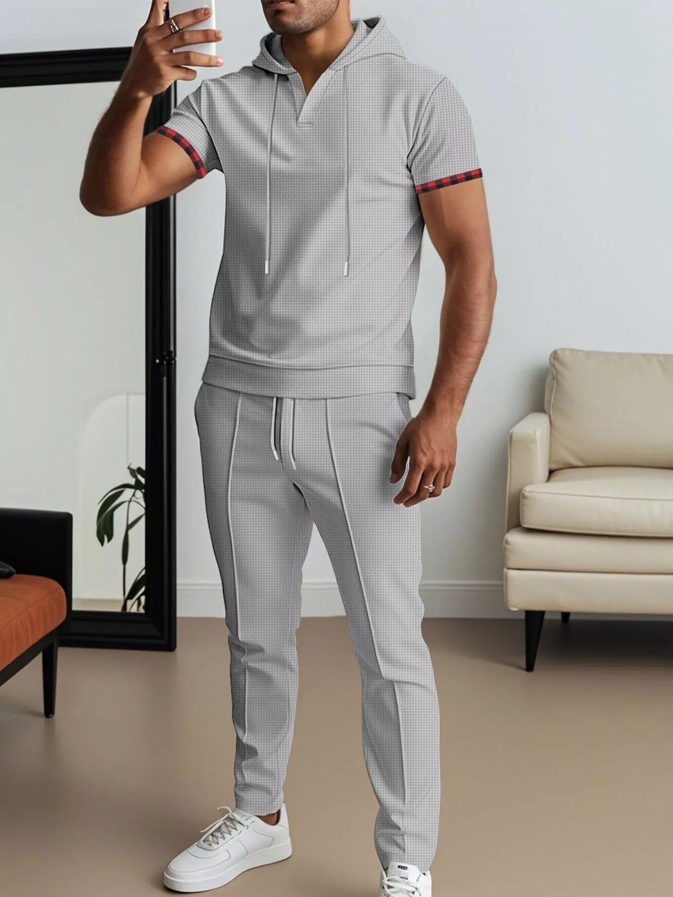 Men's Full Size Casual Short-Sleeve Hoodie and Pants Set Plus Size