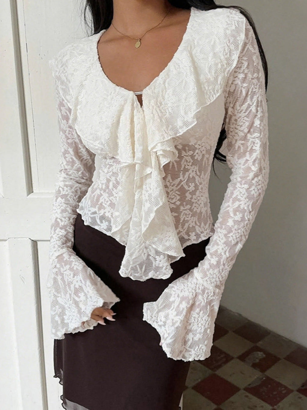 Ruffle Lace Long Sleeve Blouse