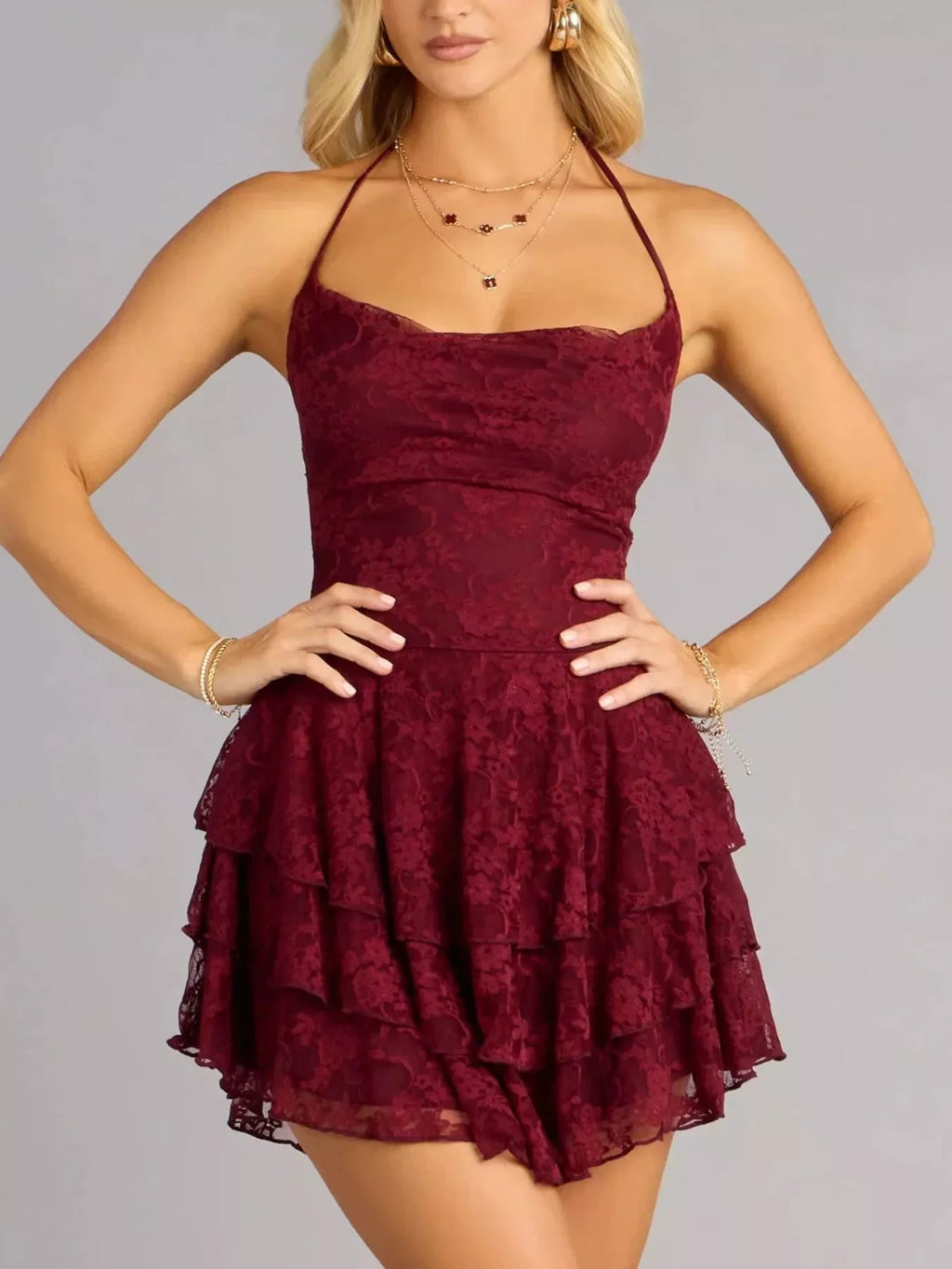Lace Ruffle Halter Neck Mini Dress