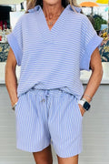 Casual Striped Short Sleeve Top and Shorts Two-Piece Set
