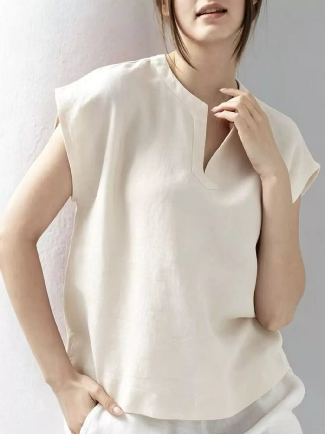 Notched Cap Sleeve Blouse