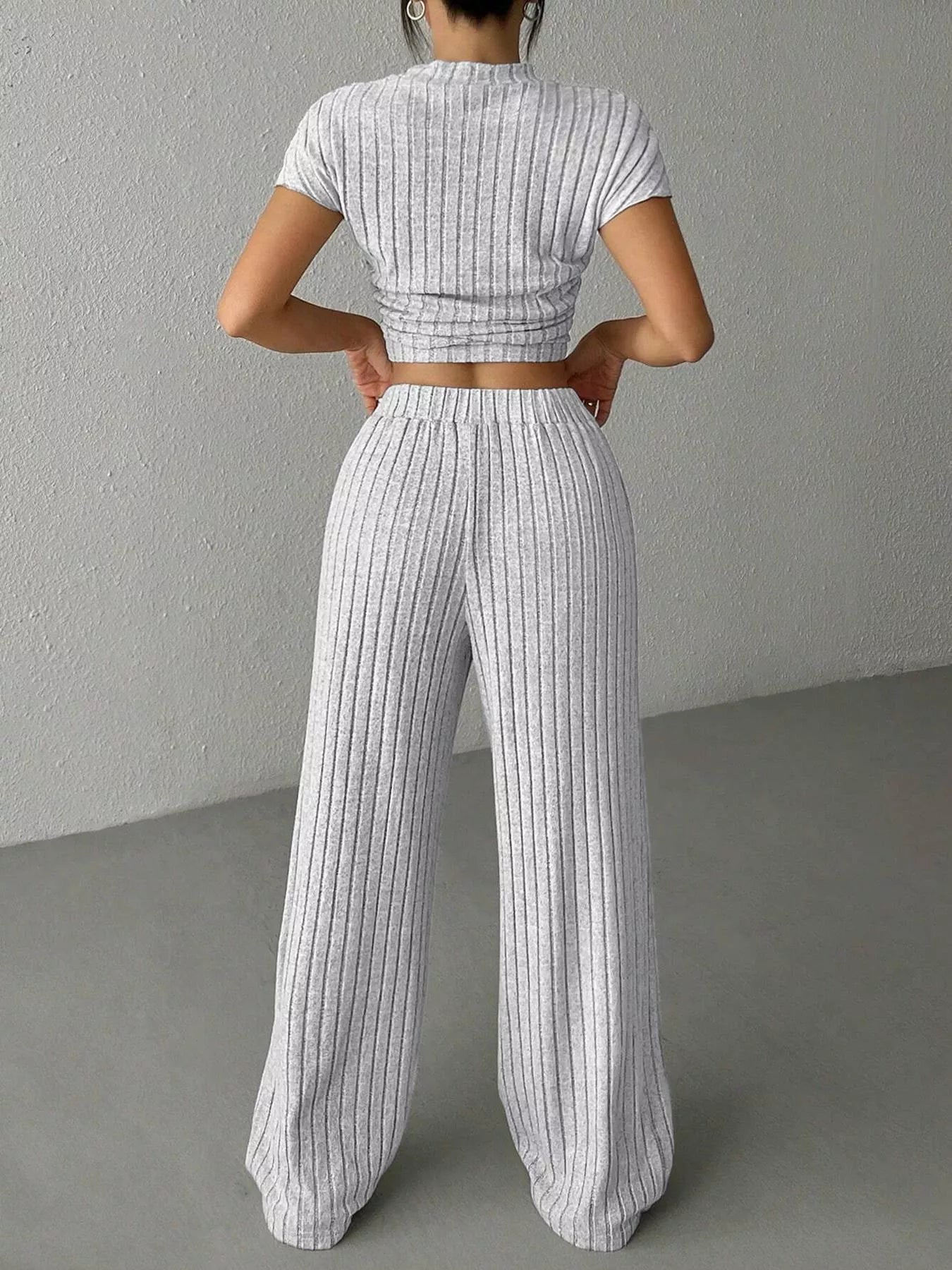 Ribbed Knit Top and Wide Leg Pants Set