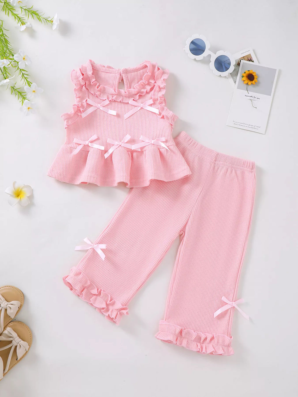 Children's Bow Waffle Knit Top and Pants Set