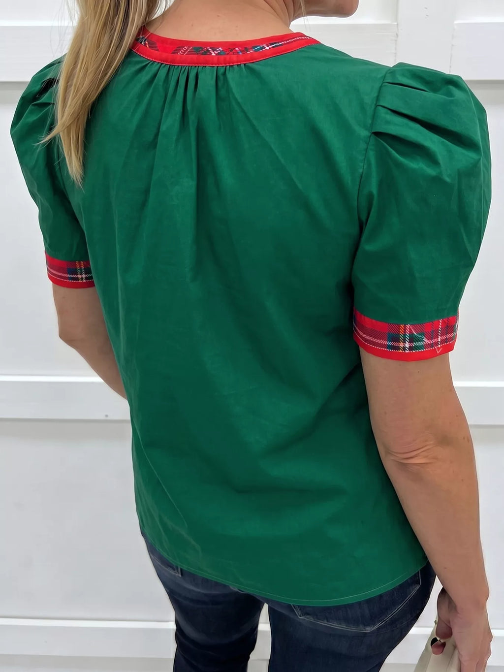 Plaid Trim V Neck Short Sleeve Shift Blouse