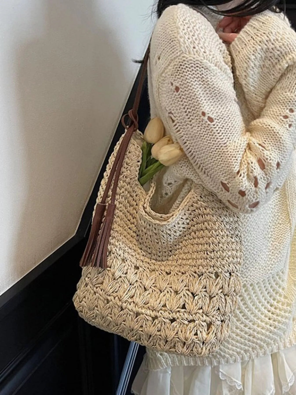 Woven Straw Shoulder Bag with Tassels