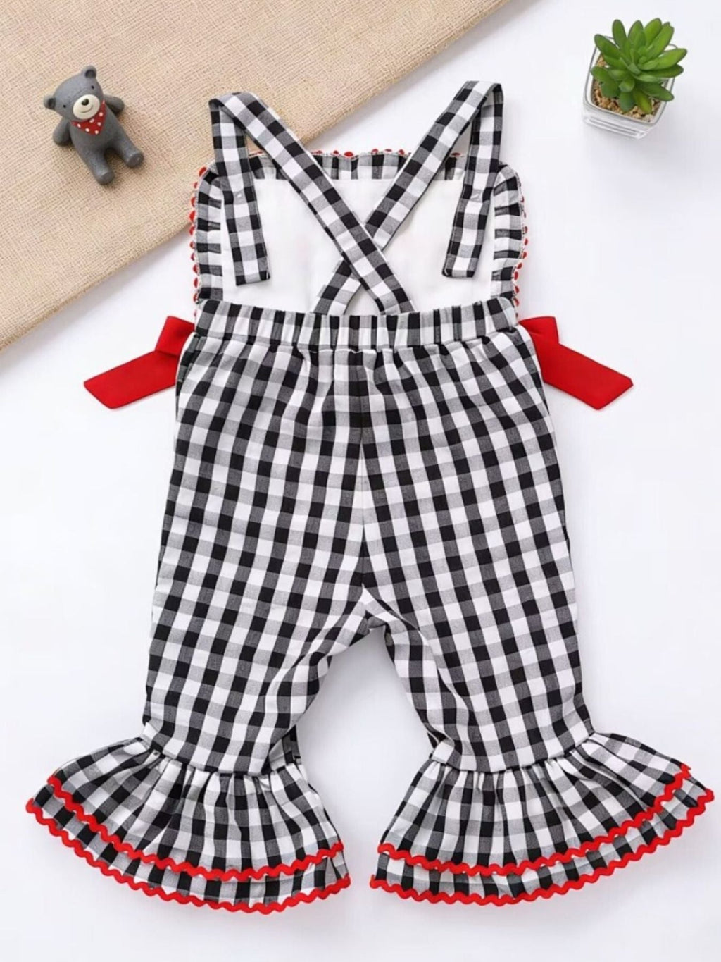 Children's Gingham Soccer Ball Embroidered Ruffle Hem Jumpsuit