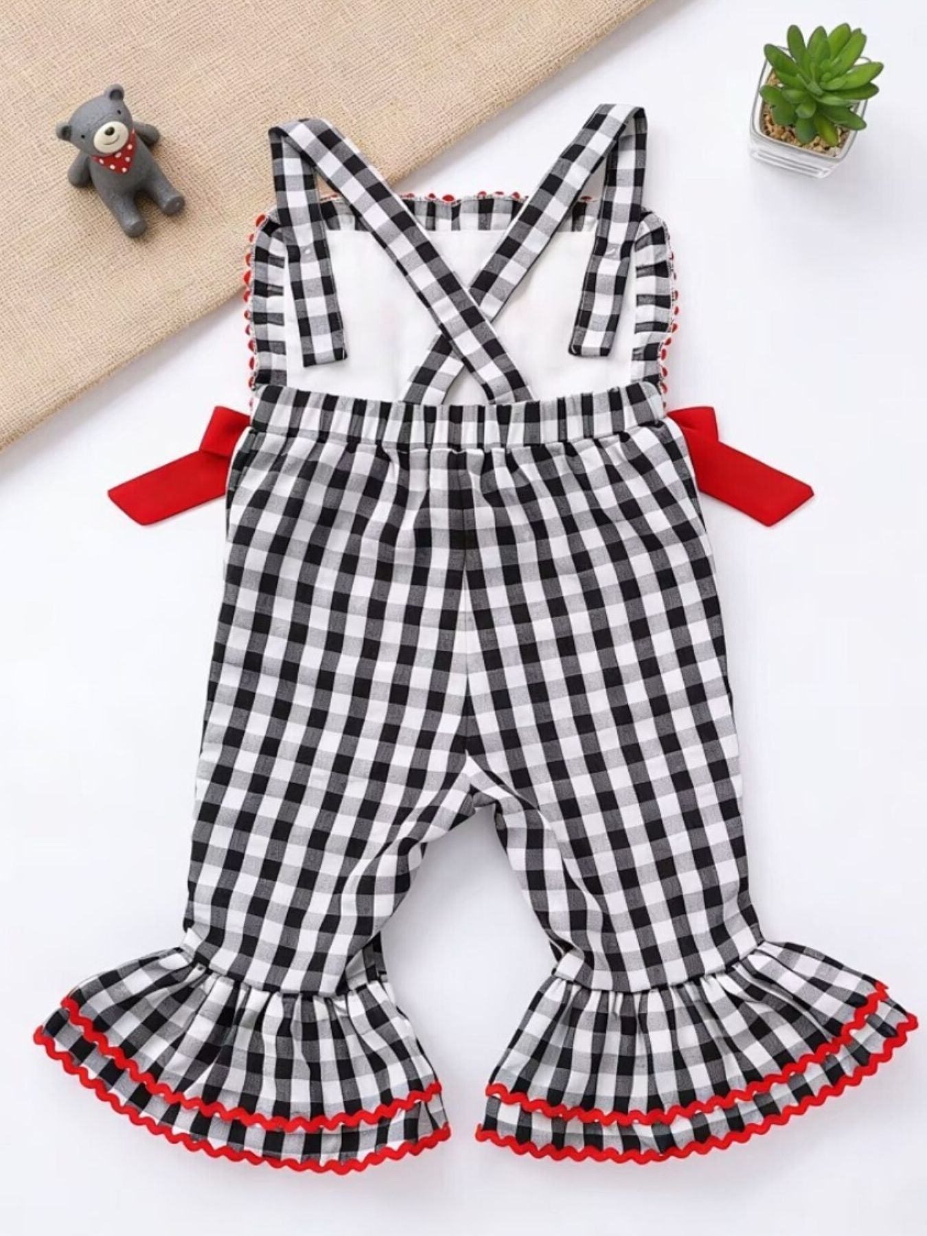 Children's Gingham Soccer Ball Embroidered Ruffle Hem Jumpsuit