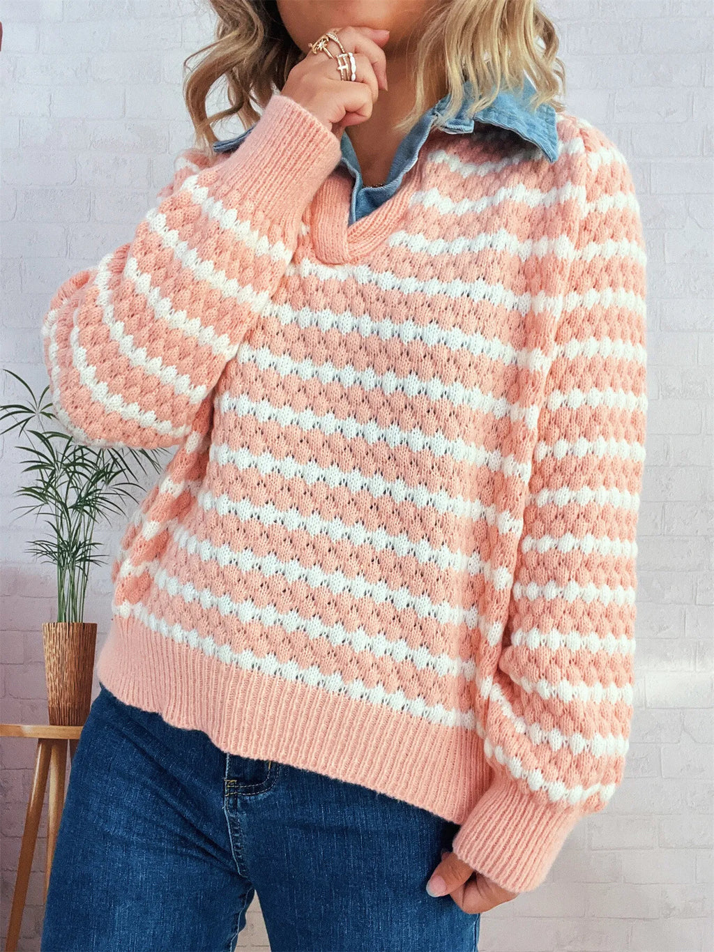 Contrast Striped Sweater with Denim Collar