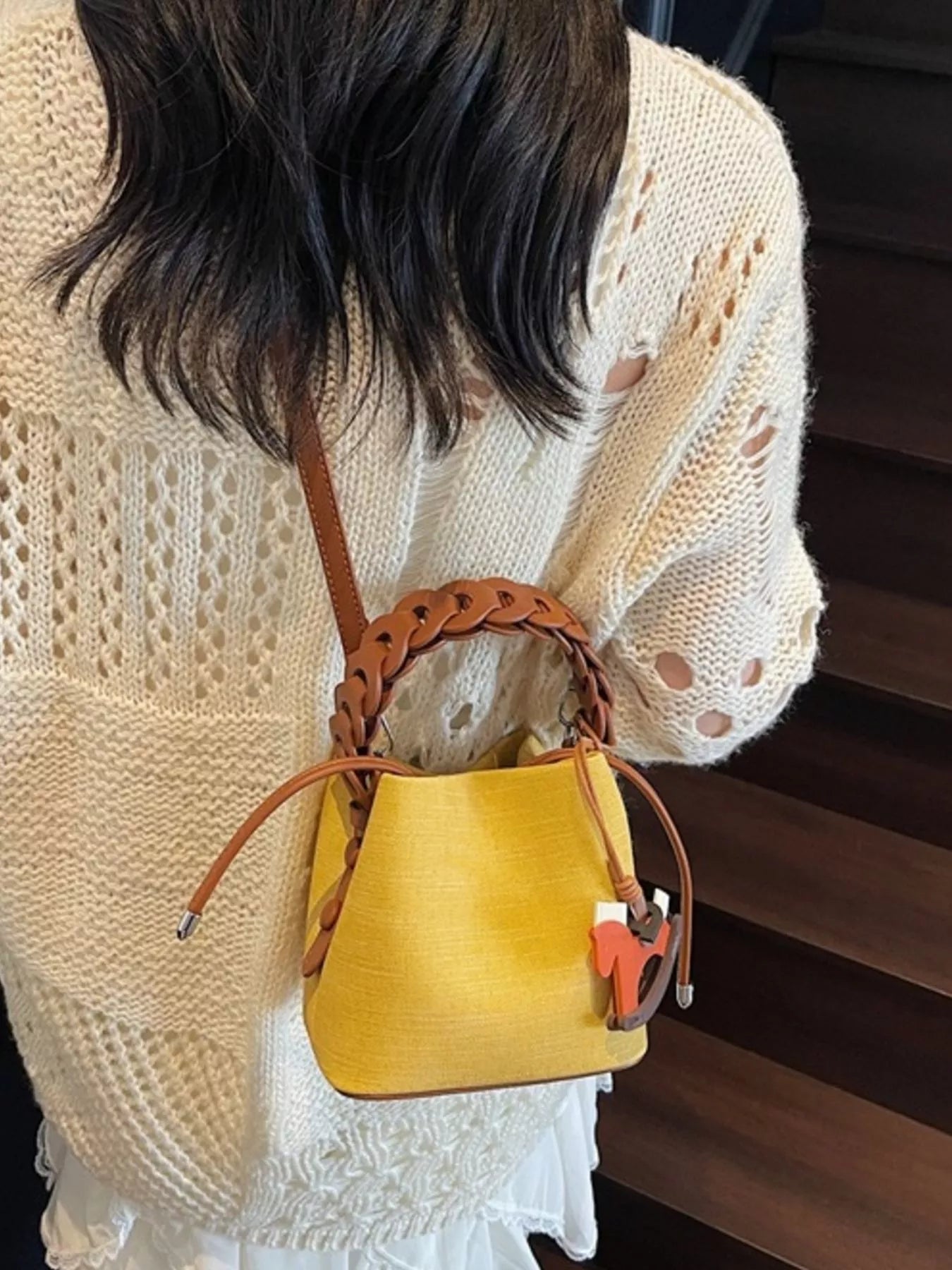 Braided Top Handle Bucket Crossbody Bag