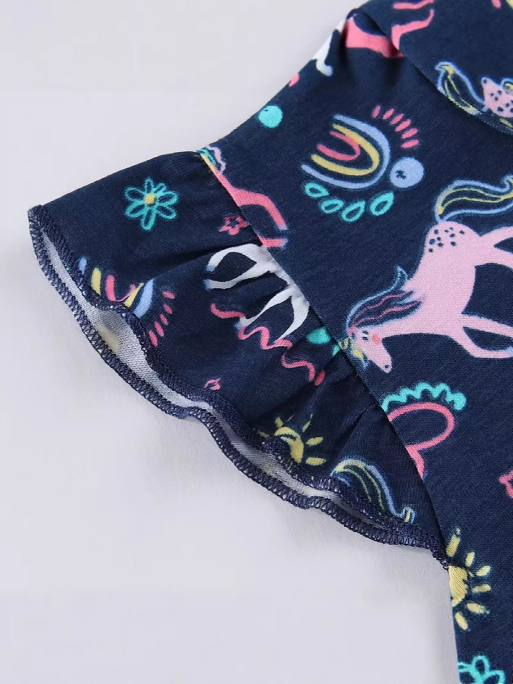 Children's Unicorn Print Ruffle Sleeve Dress