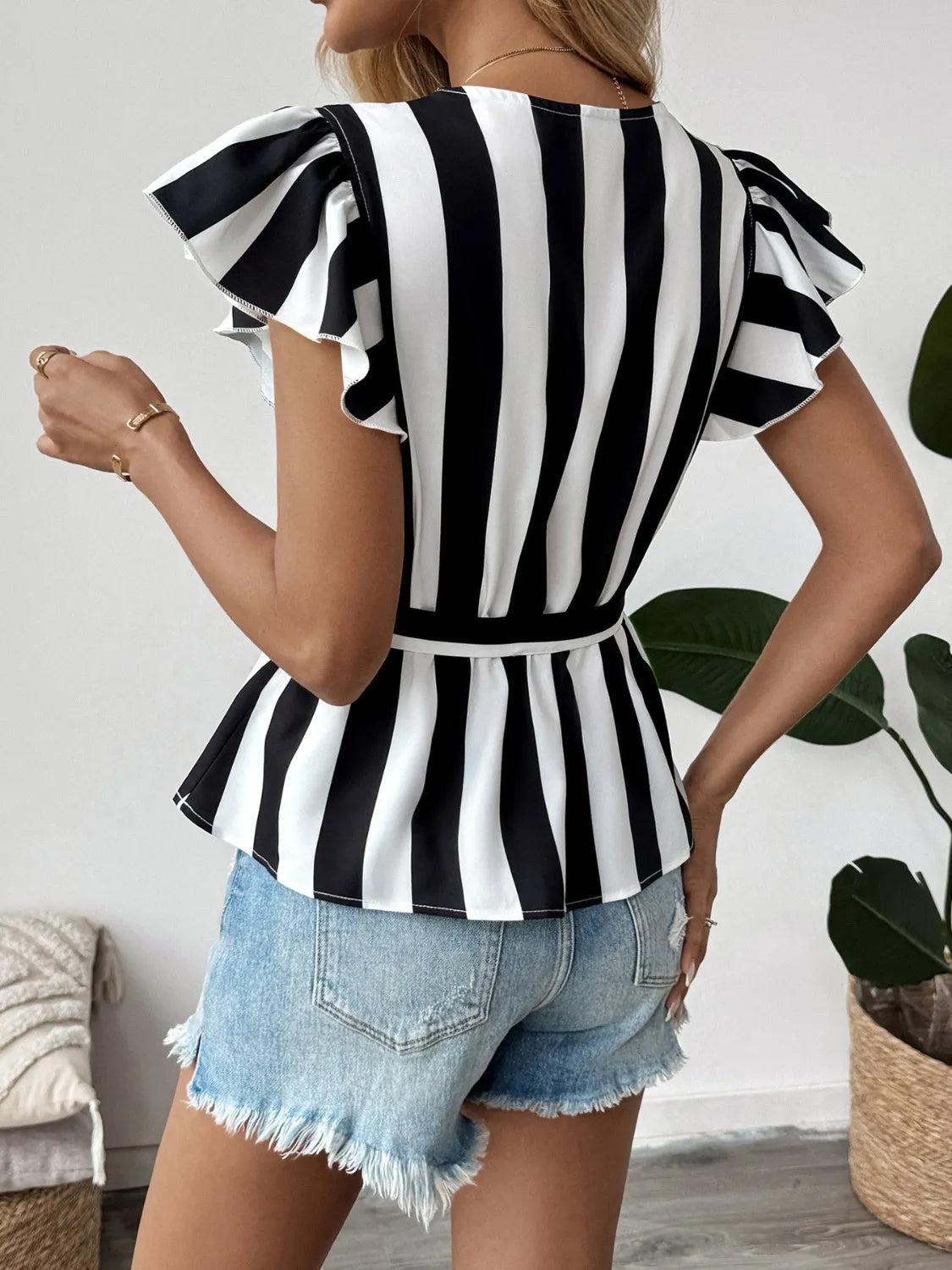 Striped Surplice Flutter Sleeve Wrap Blouse
