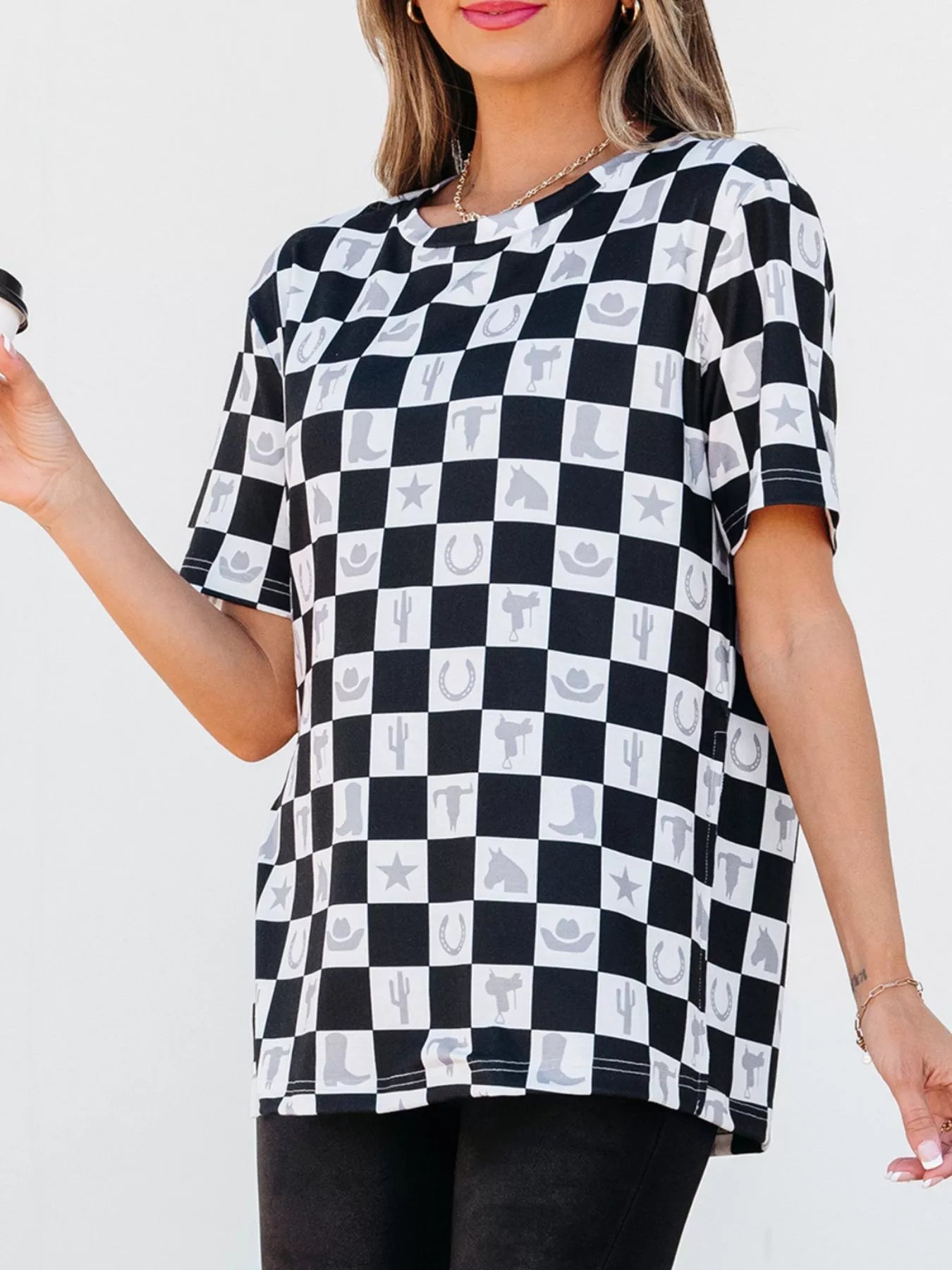 Western Checkerboard Print Side Split T Shirt