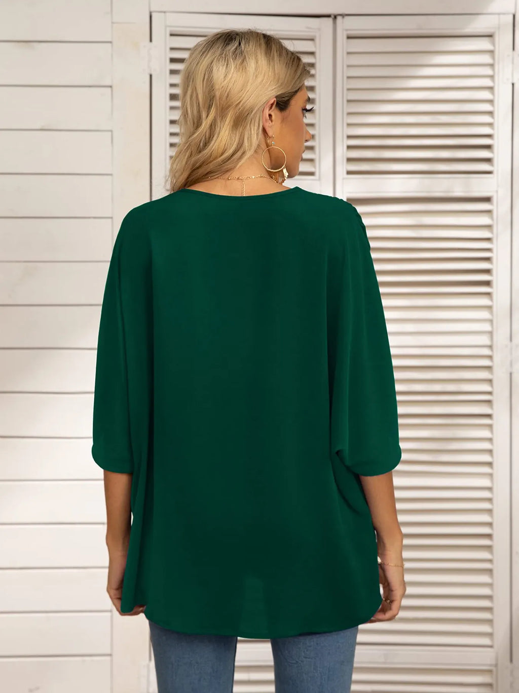 Printed Trim V-Neck Batwing Sleeve Blouse