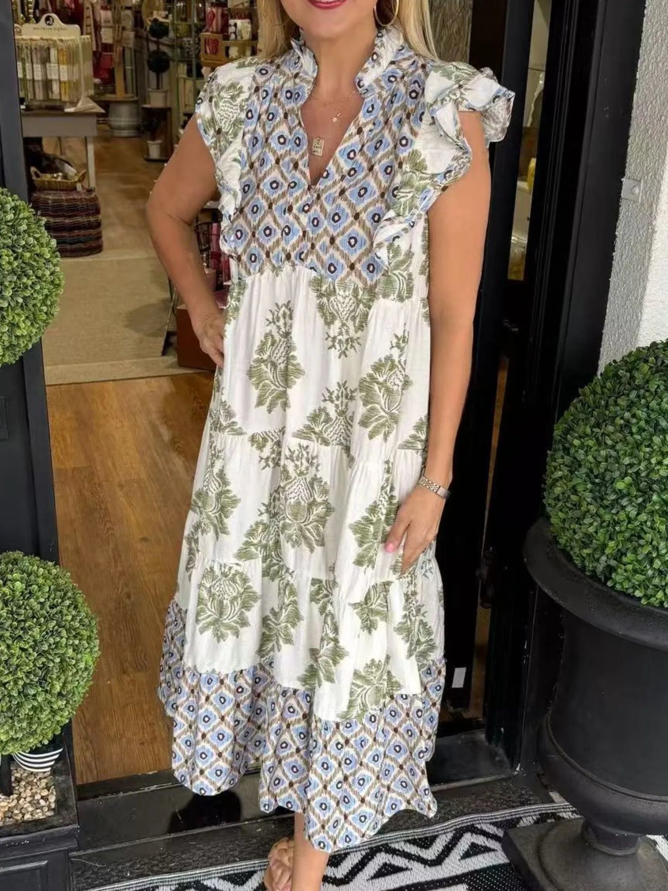 Printed Notched Ruffled Cap Sleeve Dress