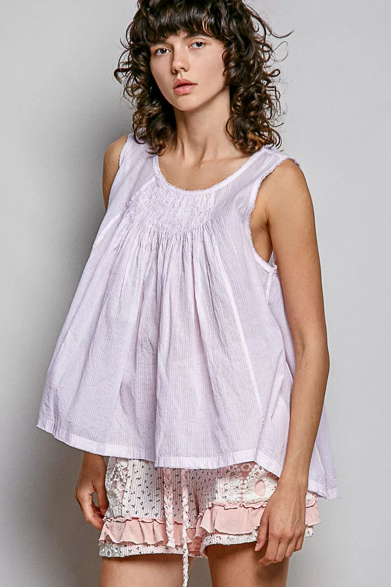 POL POL Round Neck Sleeveless Striped Pleated Cotton Top