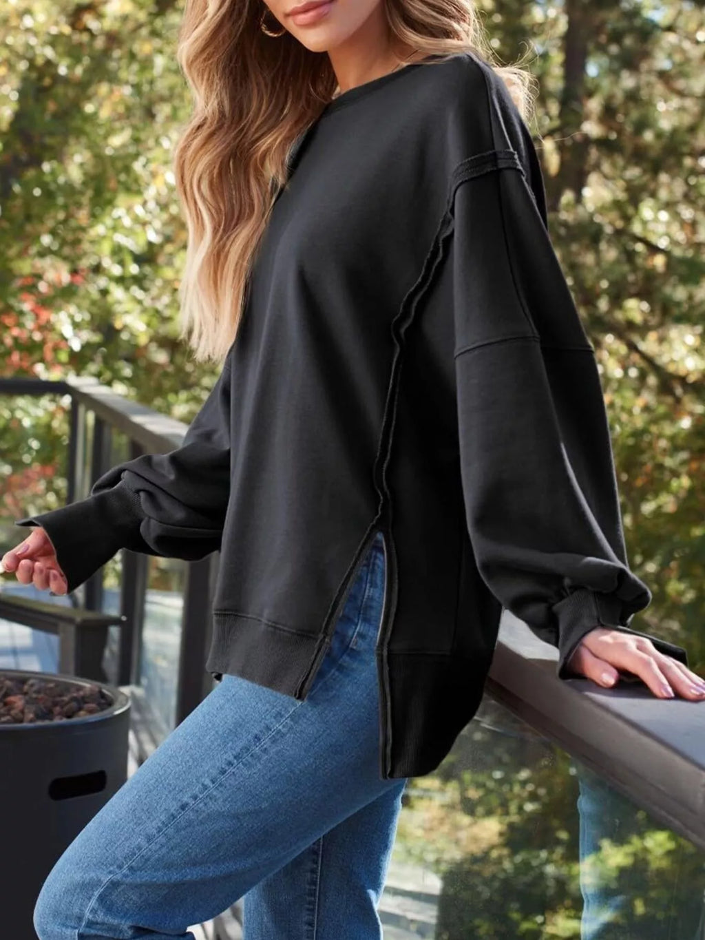 Side Slit Long Sleeve Oversized Sweatshirt