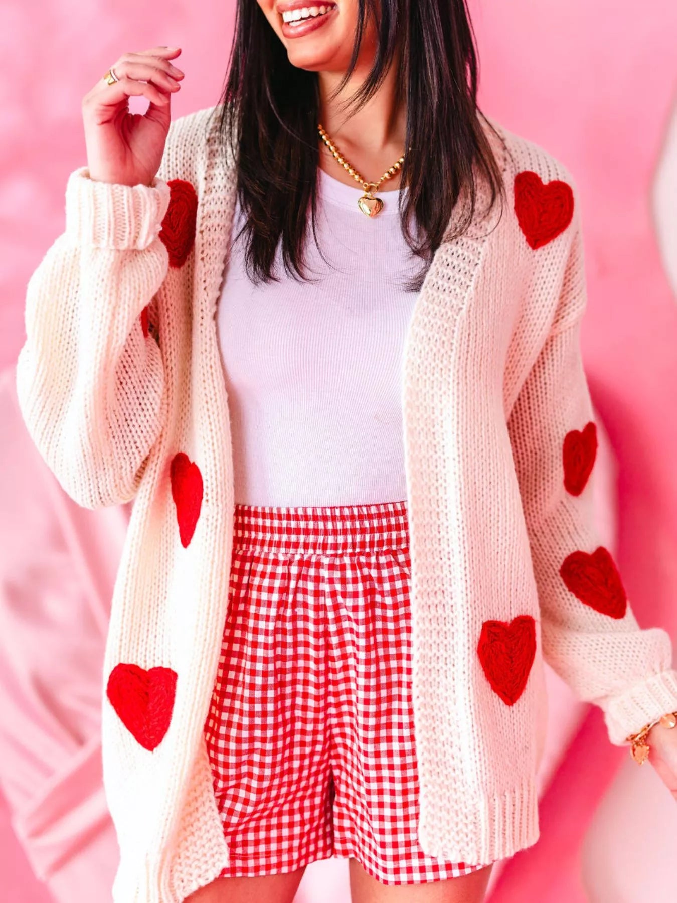 Heart Open Front Dropped Shoulder Cardigan