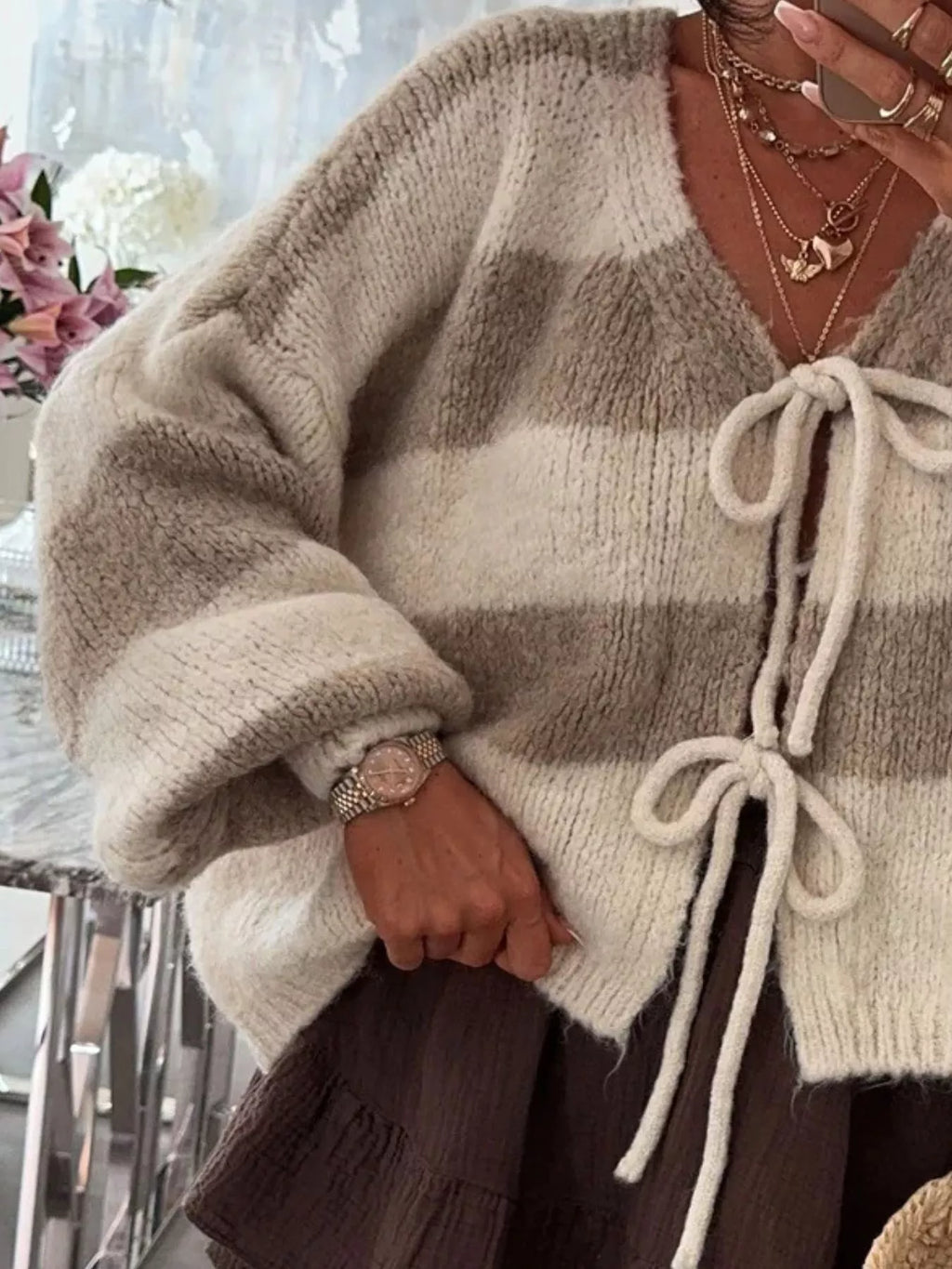 Striped Tie-Front Knit Cardigan