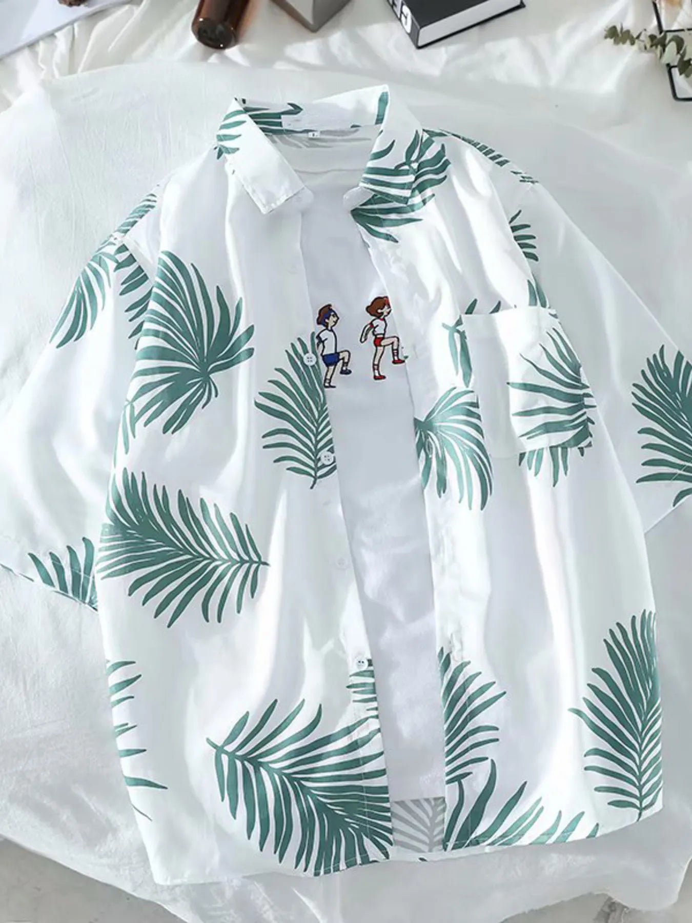 Men's Leaf Print Button Up Short Sleeve Shirt