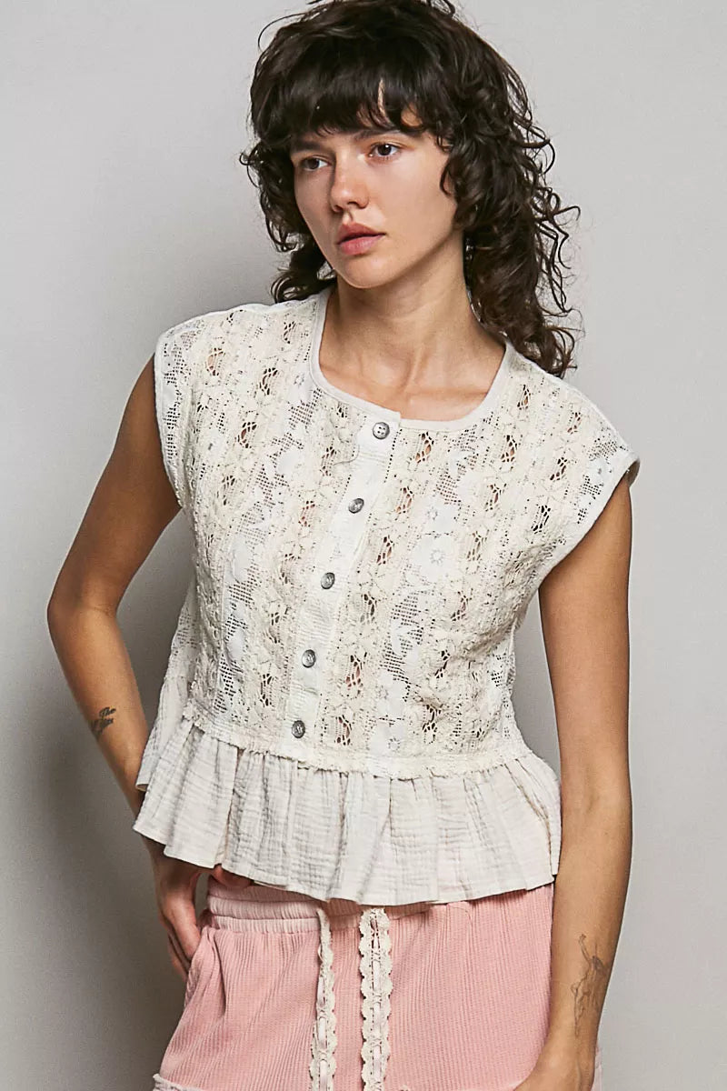 POL Round Neck Lace Sleeveless Top with Double Gauze Ruffle