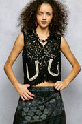 POL Button Down Cropped Crochet Vest with Scalloped Edge
